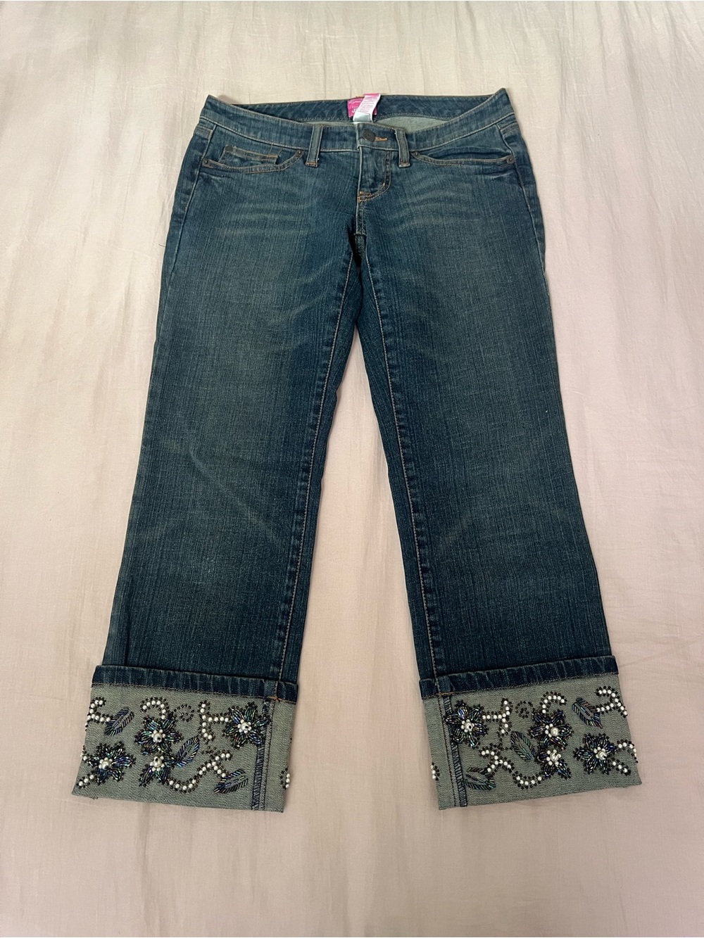 The Limited Dark Blue Capris with Beaded Cuffs